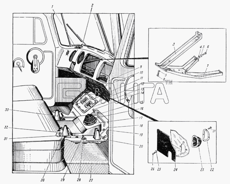 УралАЗ УРАЛ-375 Схема Кабина автомобиля (вид изнутри) (Рис. 137)-4