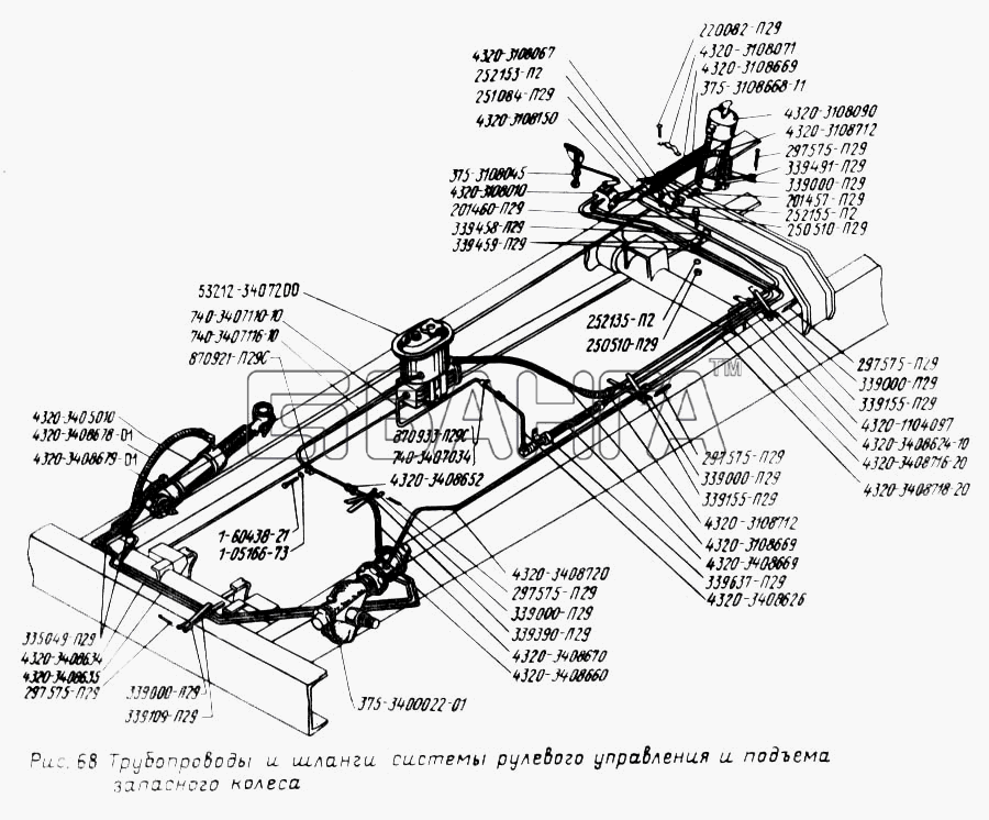УралАЗ УРАЛ-43202 Схема Трубопроводы и шланги системы рулевого