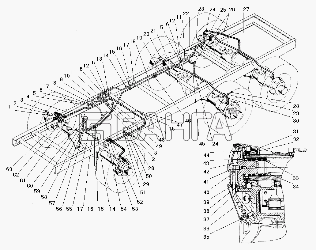 УралАЗ УРАЛ-4320-31 Схема Система регулирования воздуха в шинах (для