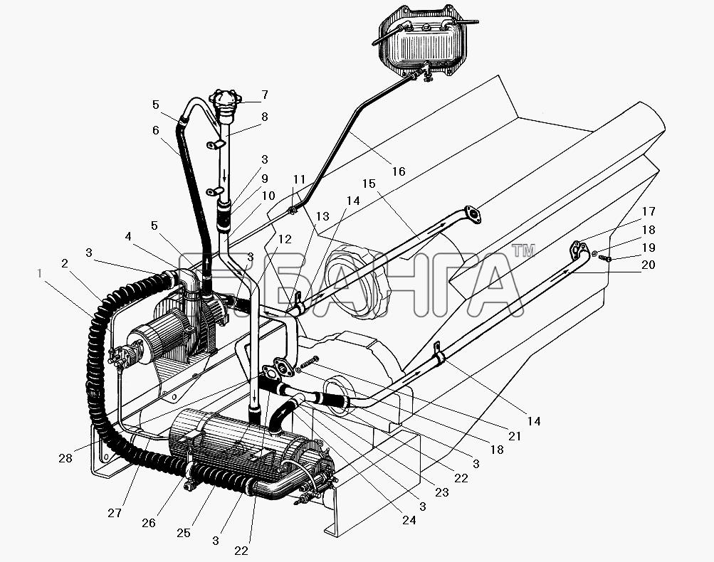 УралАЗ УРАЛ-4320-31 Схема Трубы и шланги системы предпускового