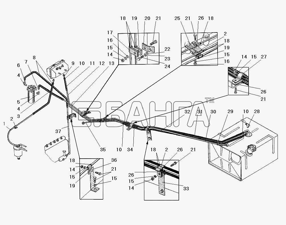 УралАЗ УРАЛ-4320-31 Схема Трубопроводы и шланги системы питания-47
