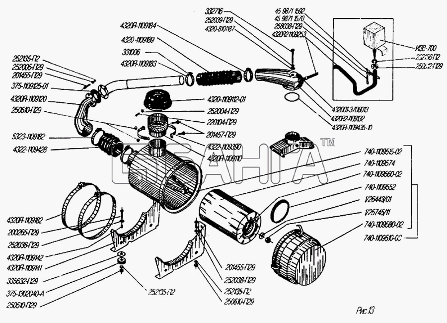УралАЗ УРАЛ-4320-31 Схема Воздухопровод с воздушным фильтром-42