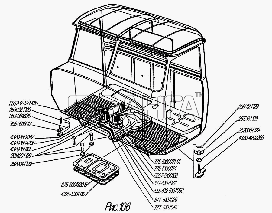 УралАЗ УРАЛ-4320-31 Схема Уплотнители рычагов и коврики пола кабины-5