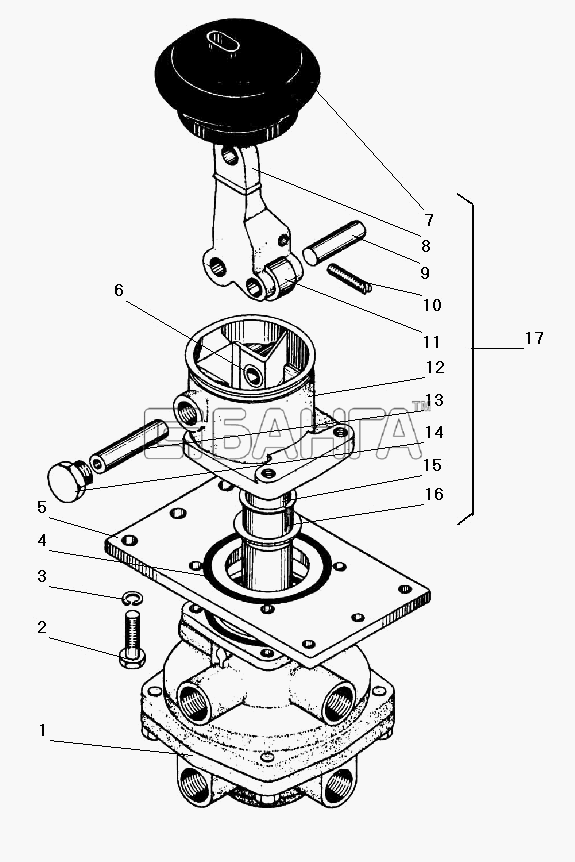 УралАЗ УРАЛ-43203-10 Схема Тормозной двухсекционный кран с рычагом-88