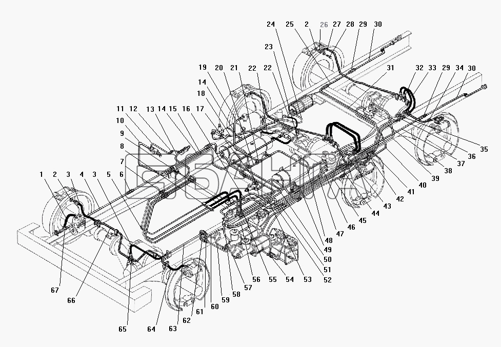 УралАЗ УРАЛ-4320-41 Схема Трубопроводы и шланги пневмогидравлического