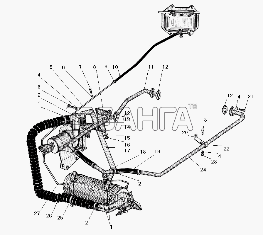 УралАЗ УРАЛ-4320-41 Схема Трубы и шланги системы предпускового