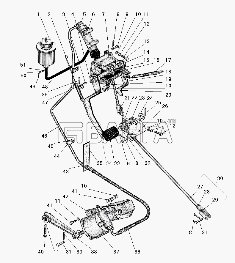 УралАЗ УРАЛ-4320-41 Схема Привод управления сцеплением и тормозным