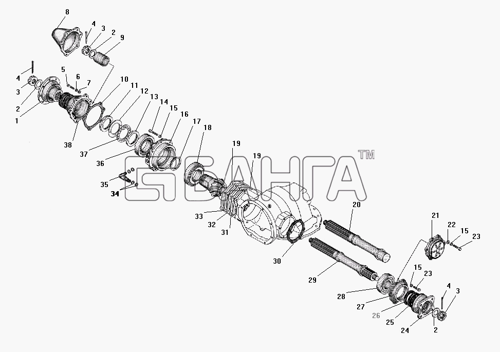УралАЗ УРАЛ-4320-41 Схема Проходной вал редуктора главной передачи-76