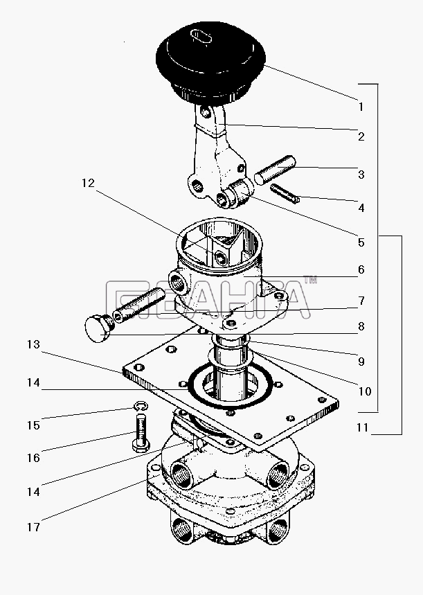 УралАЗ УРАЛ-43206-41 Схема Тормозной двухсекционный кран с рычагом-122