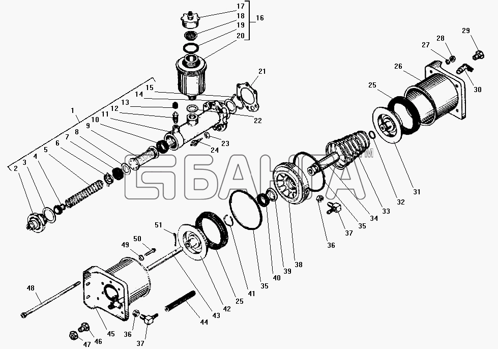 УралАЗ УРАЛ-532301 Схема Пневматический усилитель с главным тормозным