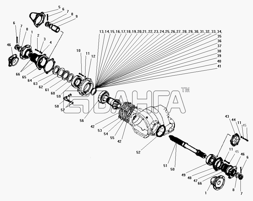 УралАЗ УРАЛ-532301 Схема Проходной вал редуктора главной передачи-130