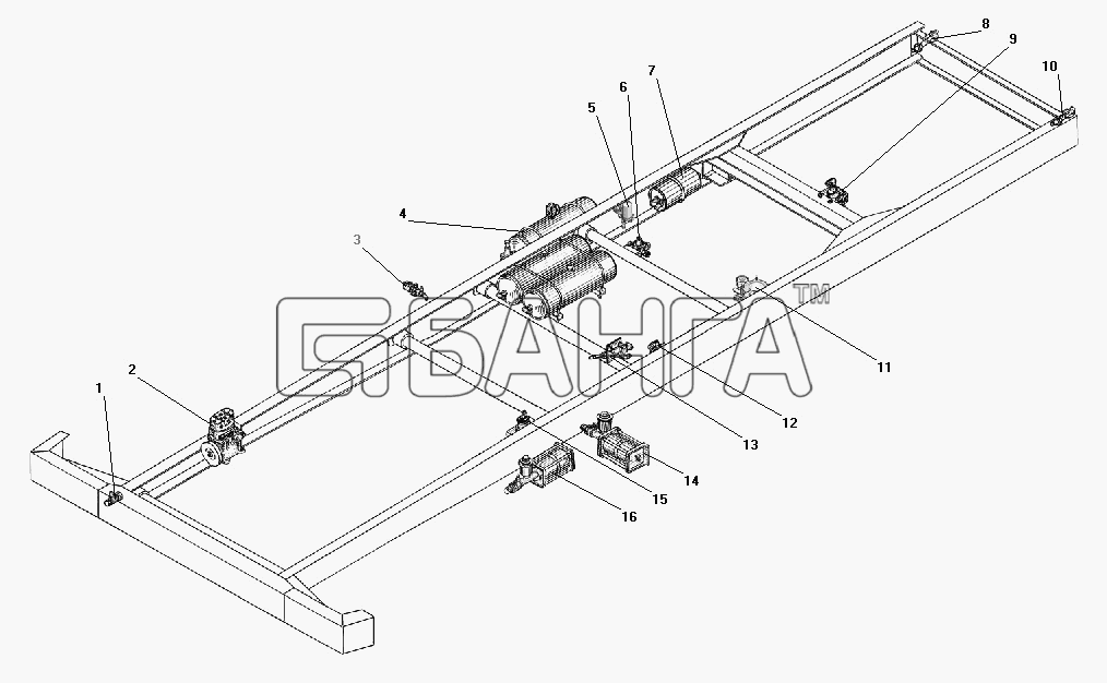 УралАЗ УРАЛ-55571-40 Схема Установка агрегатов гидропневматического