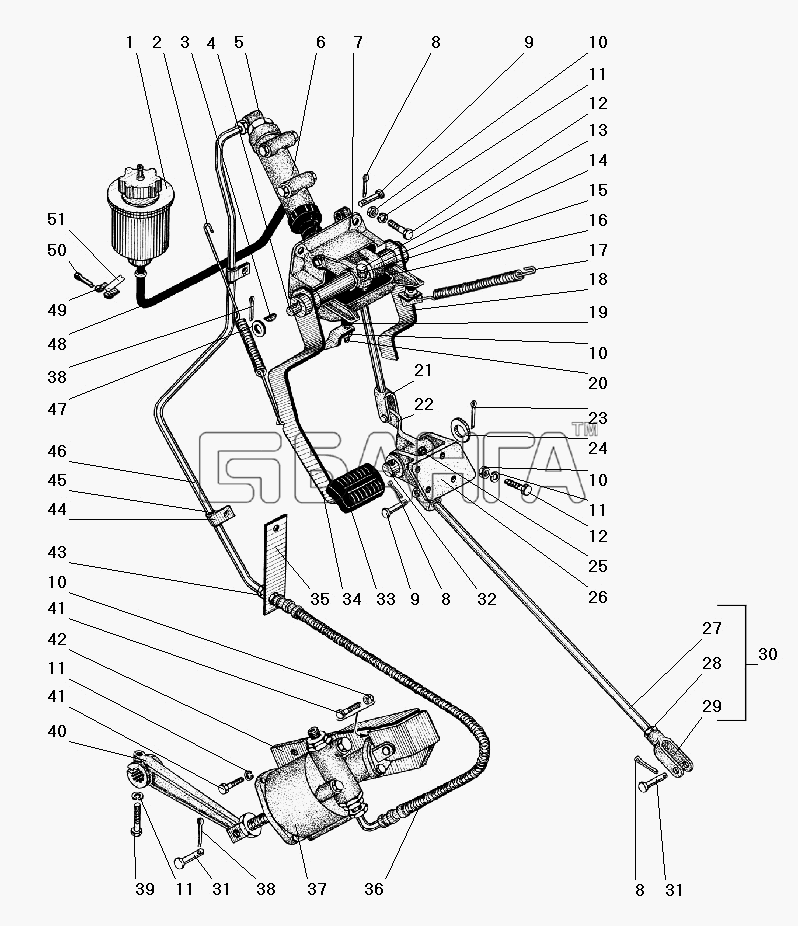 УралАЗ УРАЛ-55571-40 Схема Привод педалей сцепления и тормоза с