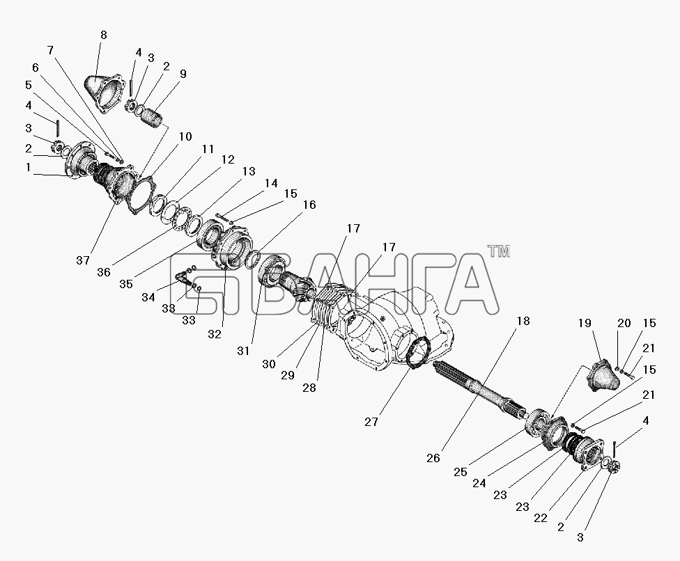 УралАЗ УРАЛ-55571-40 Схема Проходной вал редуктора главной передачи-85