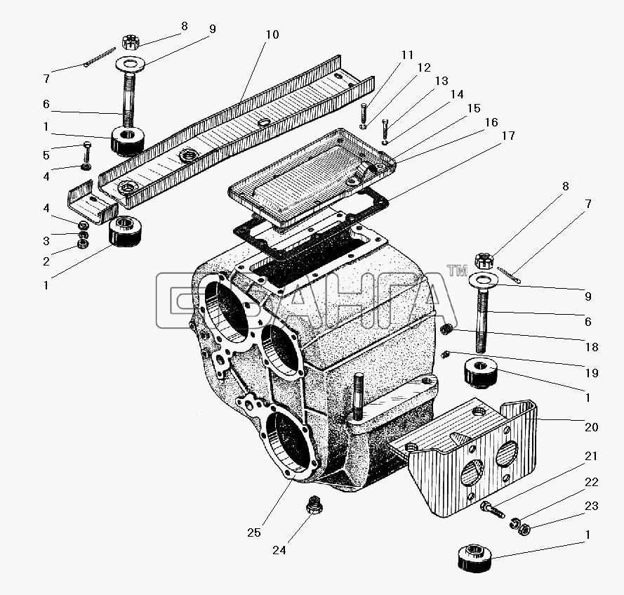 УралАЗ УРАЛ-5557-40 Схема Картер и подвеска раздаточной коробки-73
