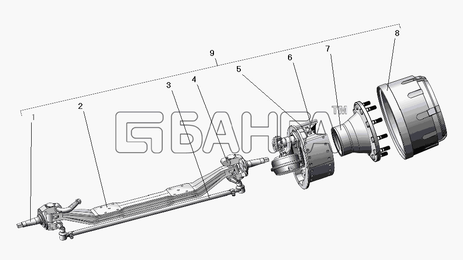 УралАЗ УРАЛ-63674 Схема Ось передняя со ступицей и тормозом-92