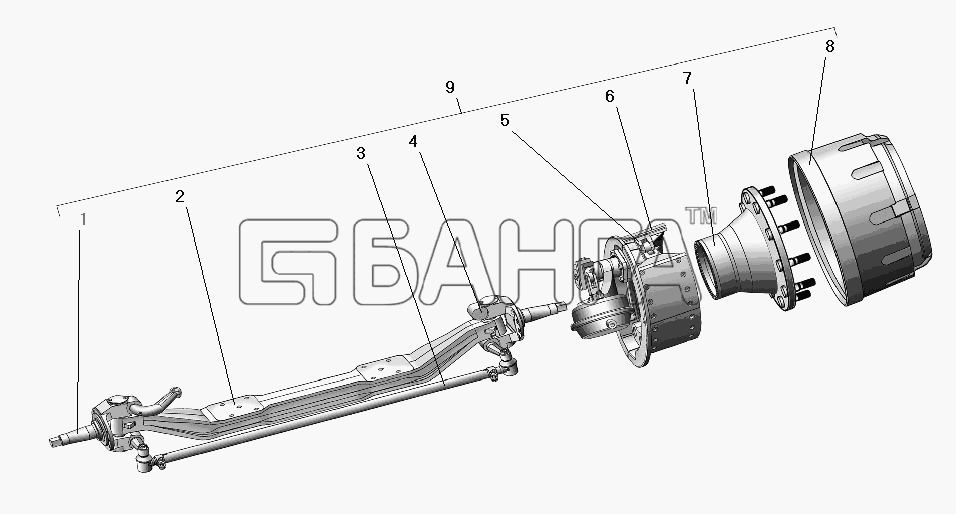 УралАЗ УРАЛ-63685 Схема Ось передняя со ступицей и тормозом-23