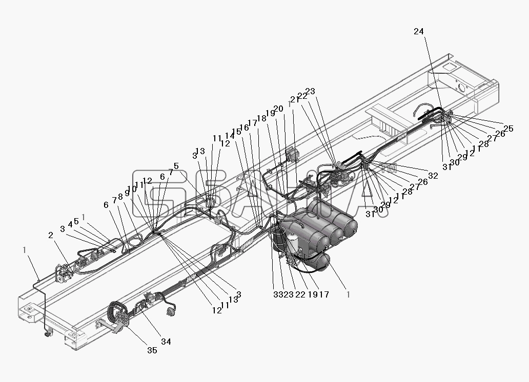 УралАЗ УРАЛ-63685 Схема Крепление трубопроводов и шлангов привода