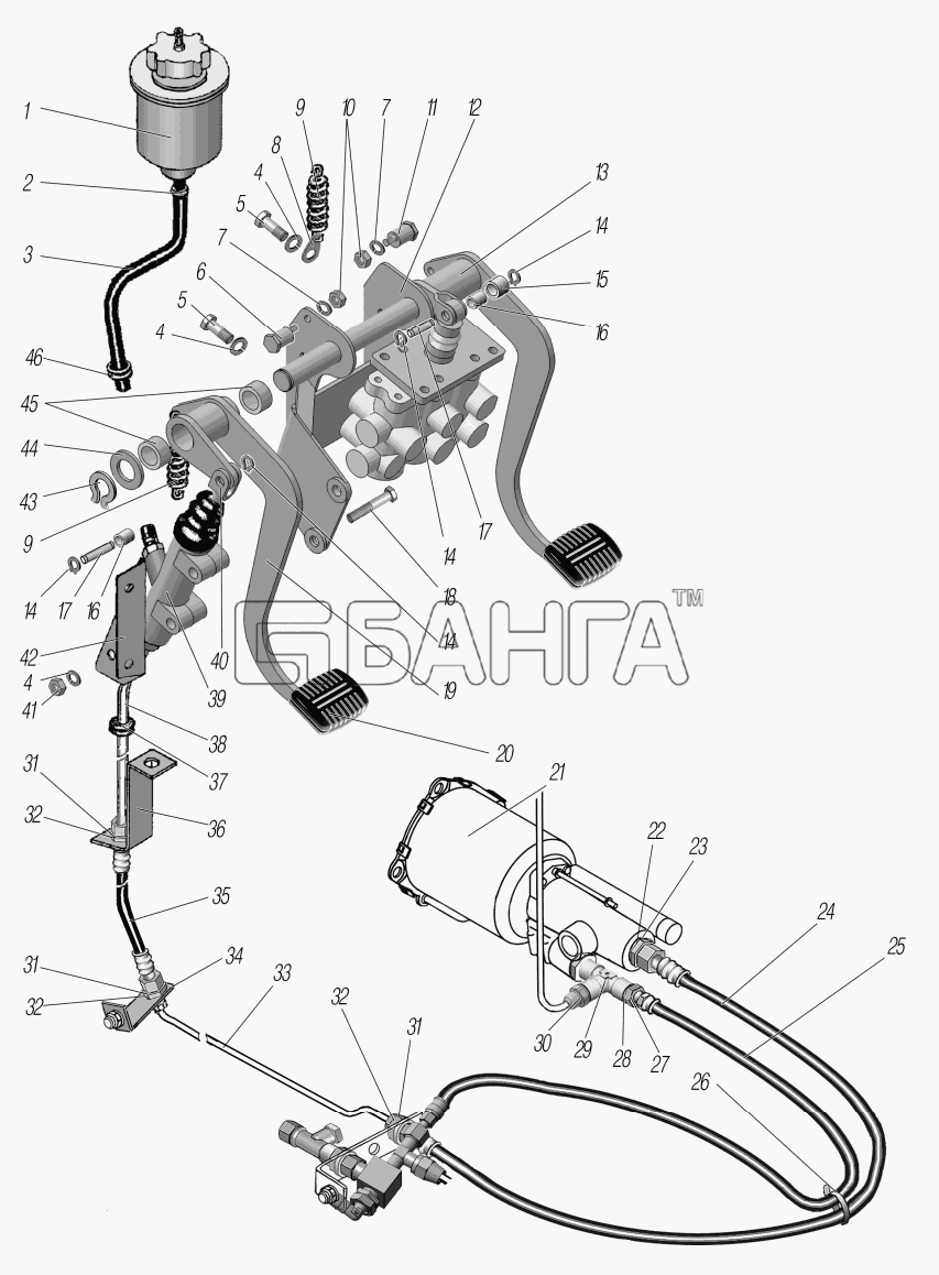 УралАЗ УРАЛ-6370-1151 Схема Привод педалей сцепления и тормоза-117