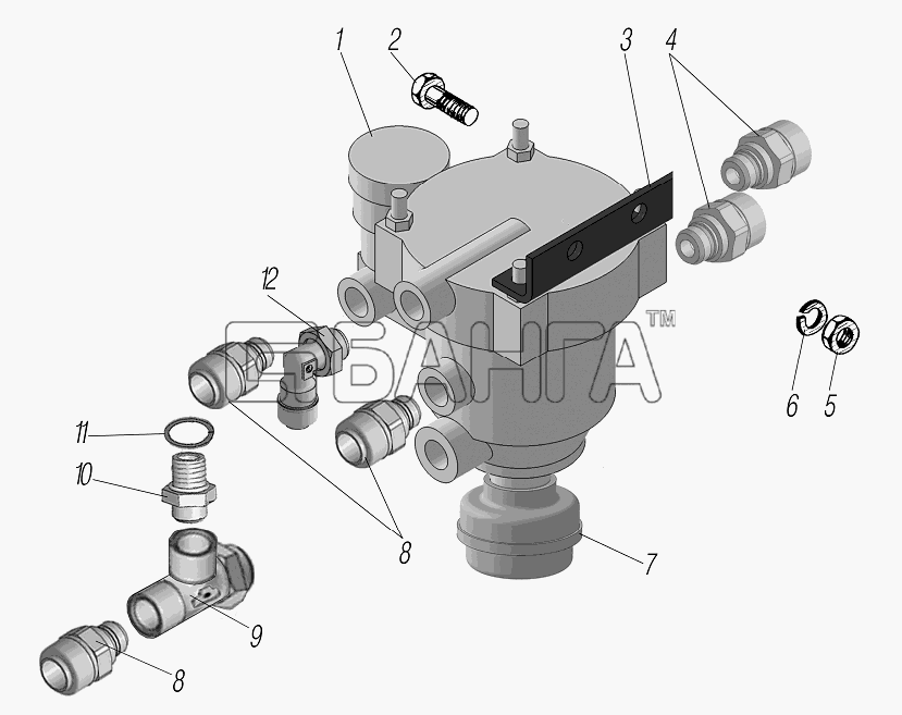 УралАЗ УРАЛ-6370-1151 Схема Установка клапана прицепа на
