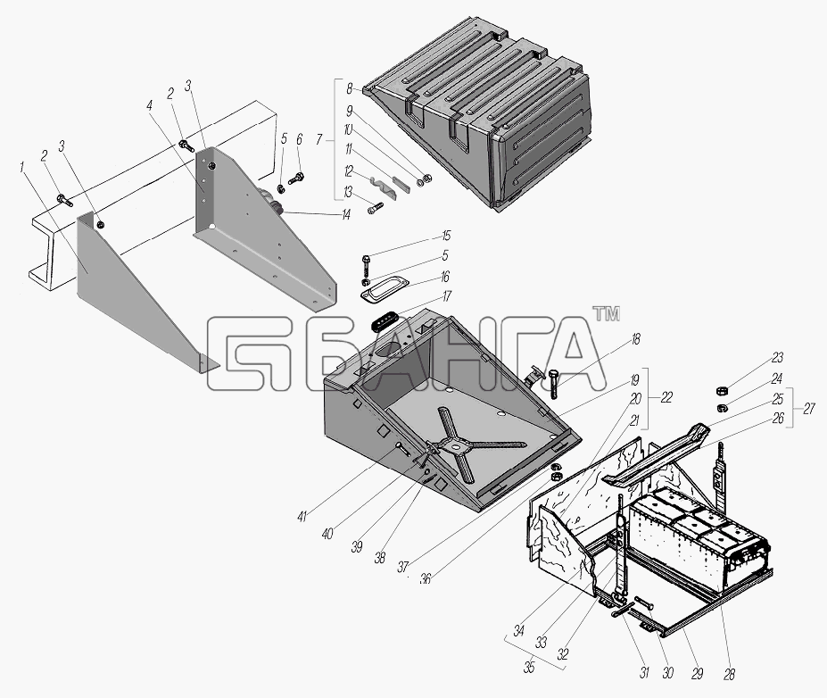 УралАЗ УРАЛ-6370-1121 Схема Установка контейнера аккумуляторных