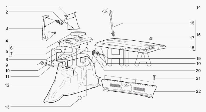 ВАЗ LADA-1117 1118 1119 Схема Обивка задней части салона-17 banga.ua