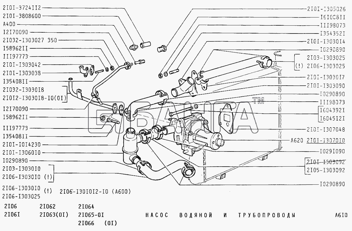 ВАЗ ВАЗ-2106 Схема Насос водяной и трубопроводы-86 banga.ua