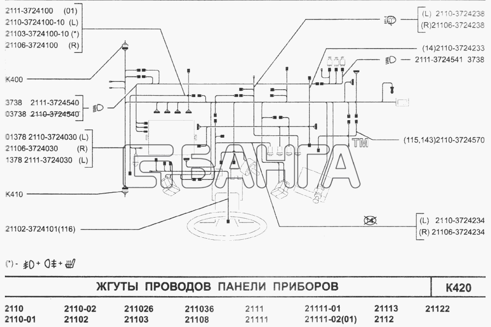 ВАЗ ВАЗ-2110 (2007) Схема Жгуты проводов панели приборов-260 banga.ua