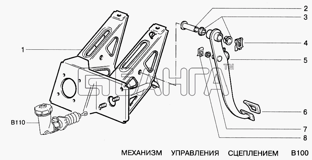 ВАЗ ВАЗ-2123 Схема Механизм управления сцеплением-100 banga.ua