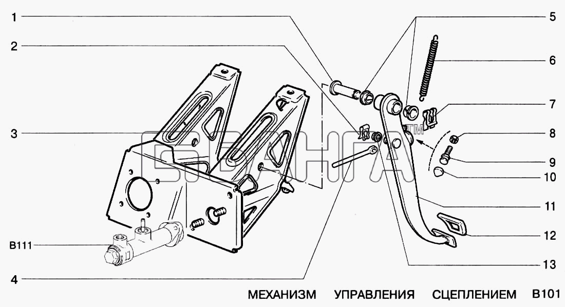 ВАЗ ВАЗ-2123 Схема Механизм управления сцеплением-101 banga.ua
