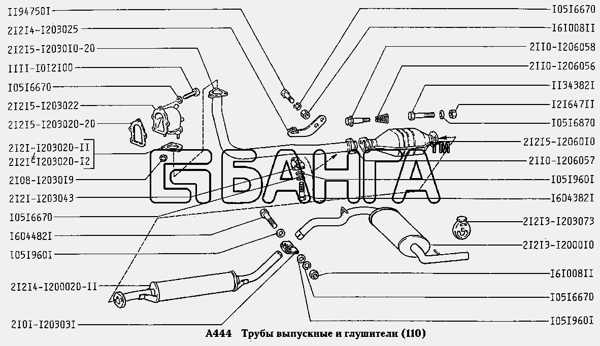 ВАЗ ВАЗ-2131 Схема Трубы выпускные и глушители (вариант banga.ua