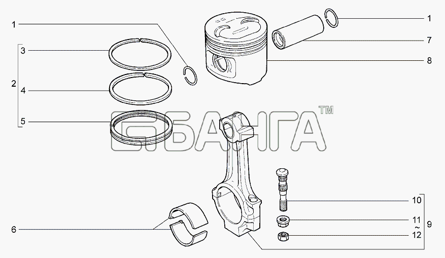ВАЗ Lada Granta-2190 Схема Шатуны и поршни (вариант по выбору) А131-75