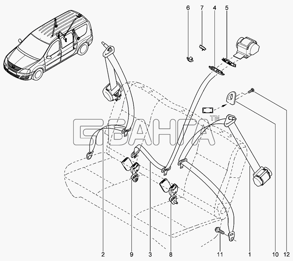 ВАЗ Лада Ларгус 4601 Схема Ремни безопасности задние-91 banga.ua