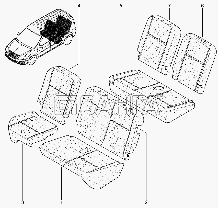 ВАЗ Лада Ларгус 4601 Схема Подушка спинка задних сидений (1 3)-161