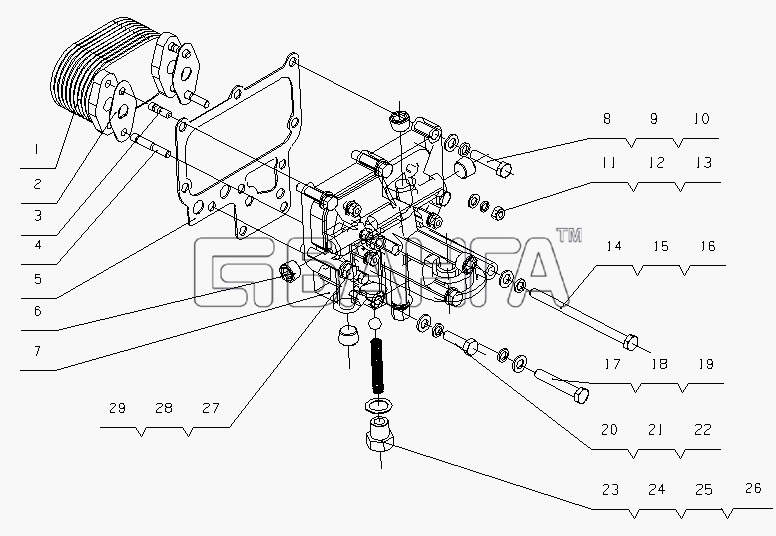 Yuchai YC4108C (D7400) Схема D30-1013000A Маслоохладитель в сборе-17