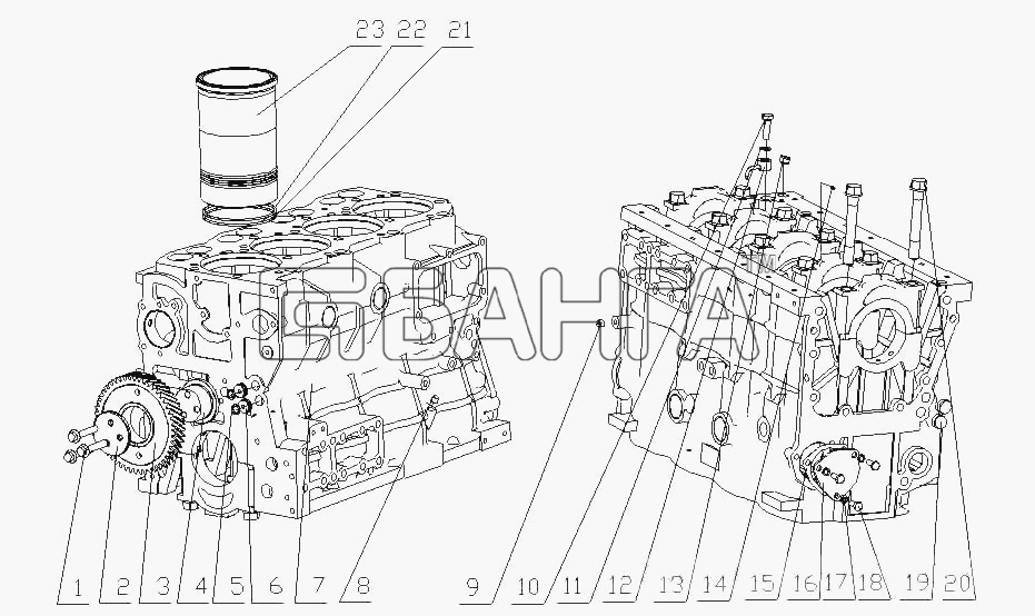 Yuchai YC4D120-30 (D22J1) Схема D21F1-1002000 10 Блок цилиндров в