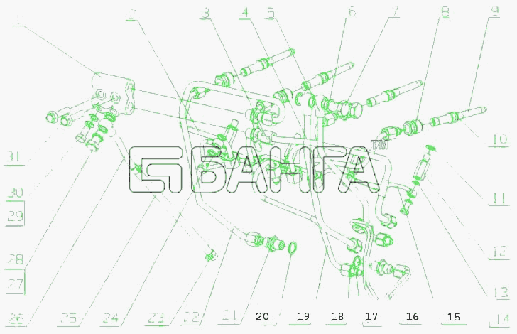 Yuchai YC4E180-30 (E2100) Схема E2100-1104000 Топливная трубка в