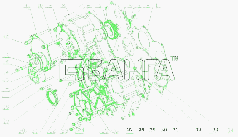 Yuchai YC4E180-30 (E2100) Схема E2100-1002200 Части корпуса шестерни-4