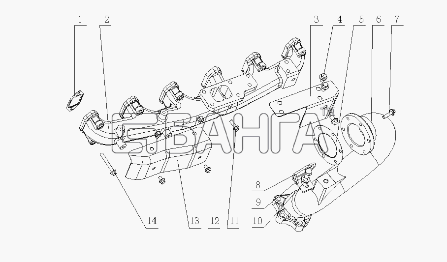 Yuchai YC6J180-21 (J49D1) Схема J3302-1008200 Детали выпускного