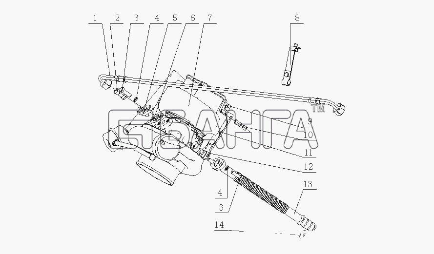 Yuchai YC6J180-21 (J49D1) Схема J47D3-1118000 Турбонагнетатель в