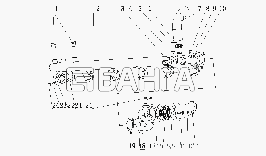 Yuchai YC6J180-21 (J49D1) Схема J47S3-1303000 Водоотвод в сборе-28