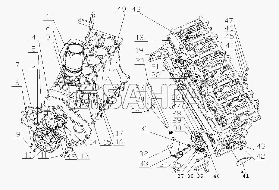 Yuchai YC6M280-20 (M36T1) Схема M33T1-1002000 02 Блок цилиндров в