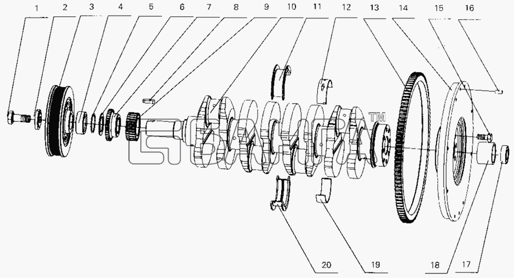 Yuchai YC4112ZQ (ZLQ) Схема B30-1005000 Crankshaft and flywheel