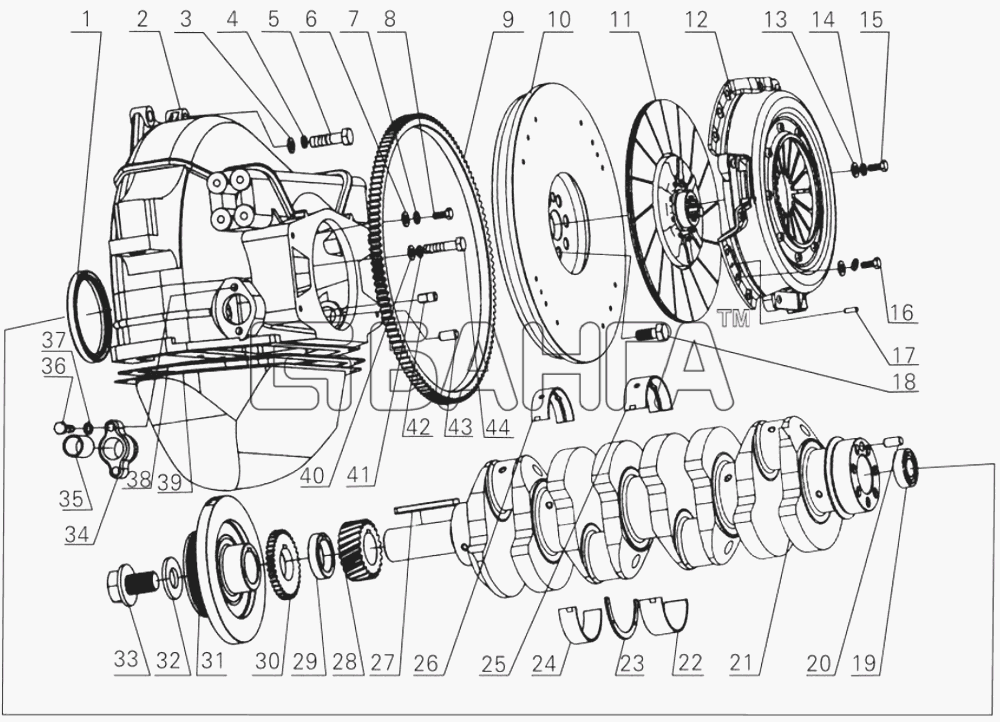 Yuchai YC4D Схема D32-1005000 Crankshaft and flywheel banga.ua