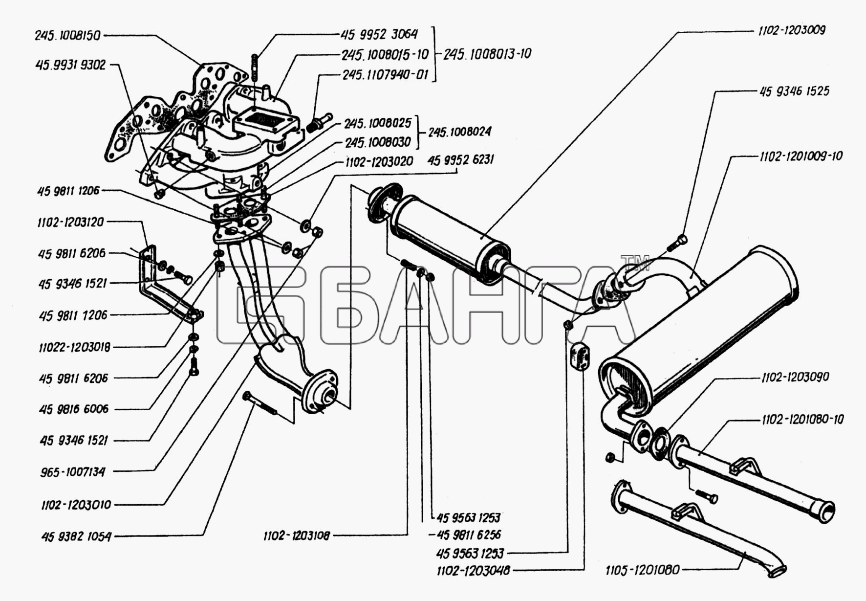 ЗАЗ ЗАЗ 1102 (Таврия) Схема Глушитель и трубы впускной и выпускной