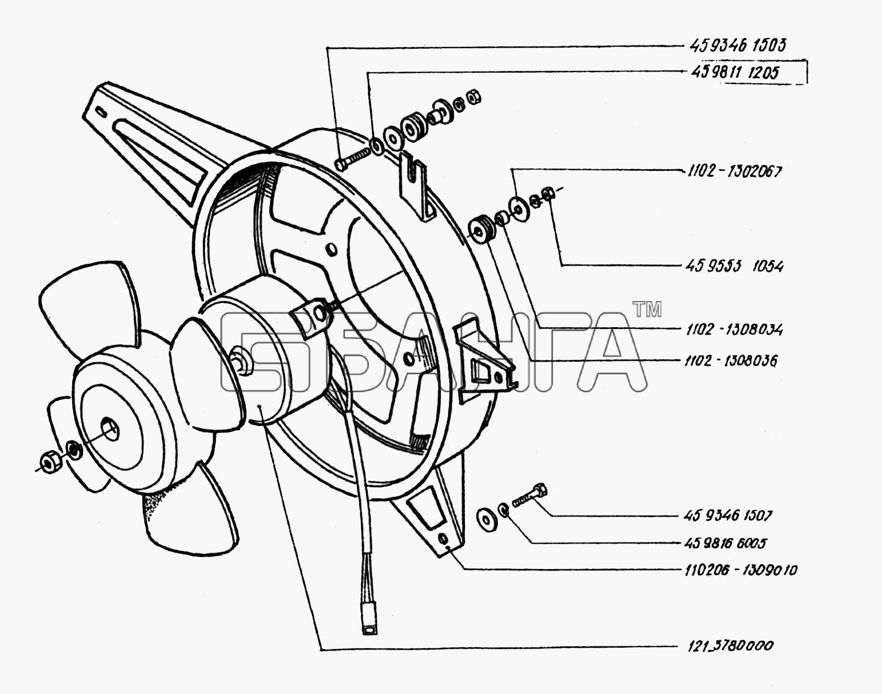 ЗАЗ ЗАЗ 1102 (Таврия) Схема Электровентилятор 121.3780000 с кожухом-67