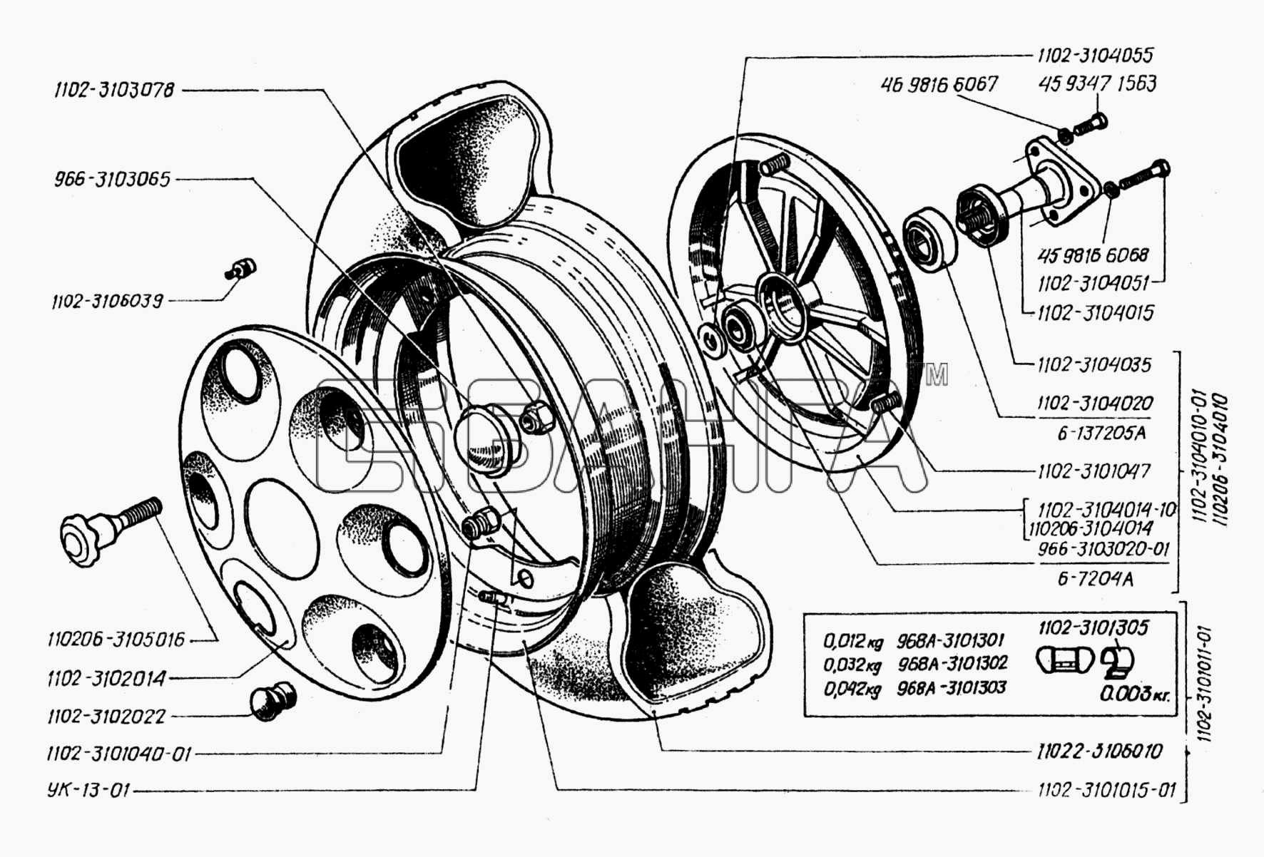 ЗАЗ ЗАЗ 1102 (Таврия) Схема Колеса шины колпаки и ступицы заднего