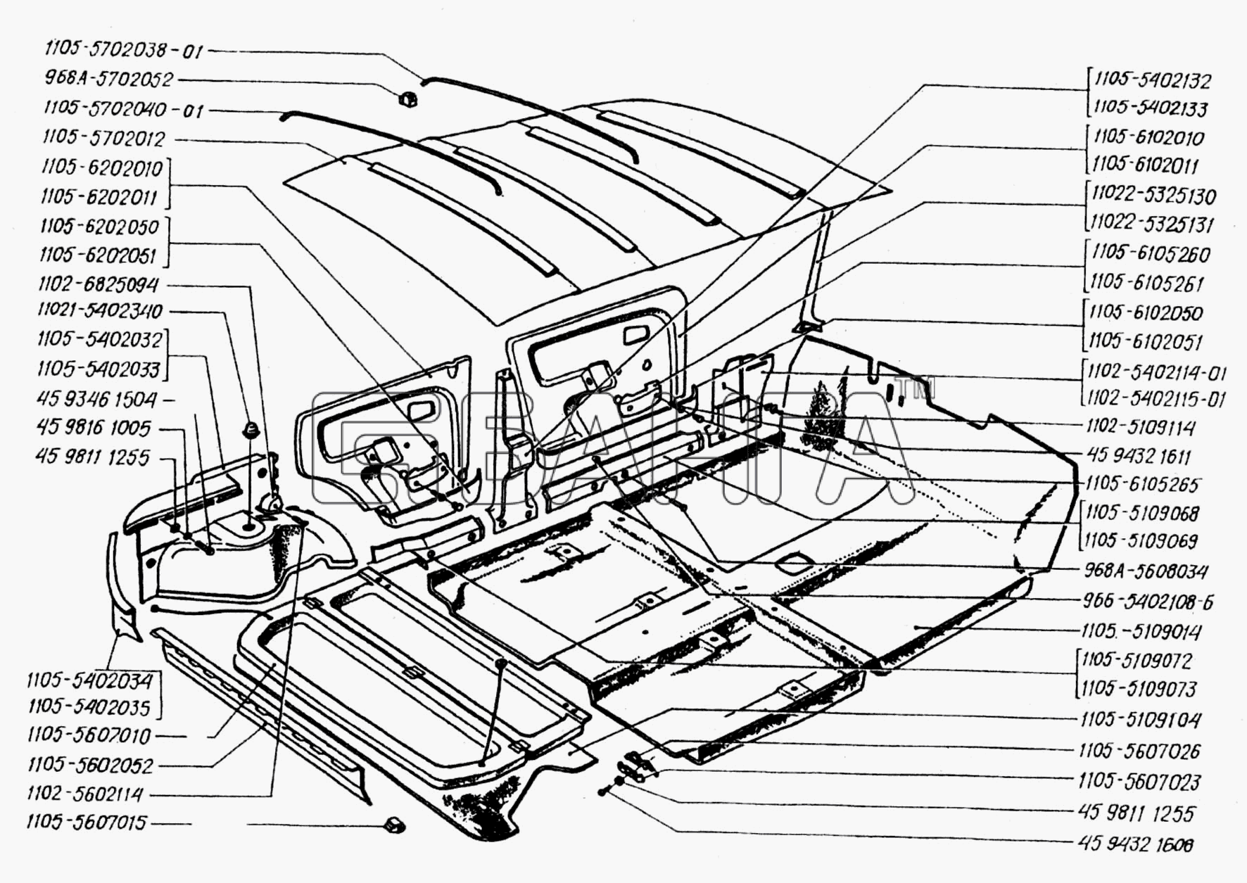 ЗАЗ ЗАЗ 1102 (Таврия) Схема Коврики пола и багажника обивка салона