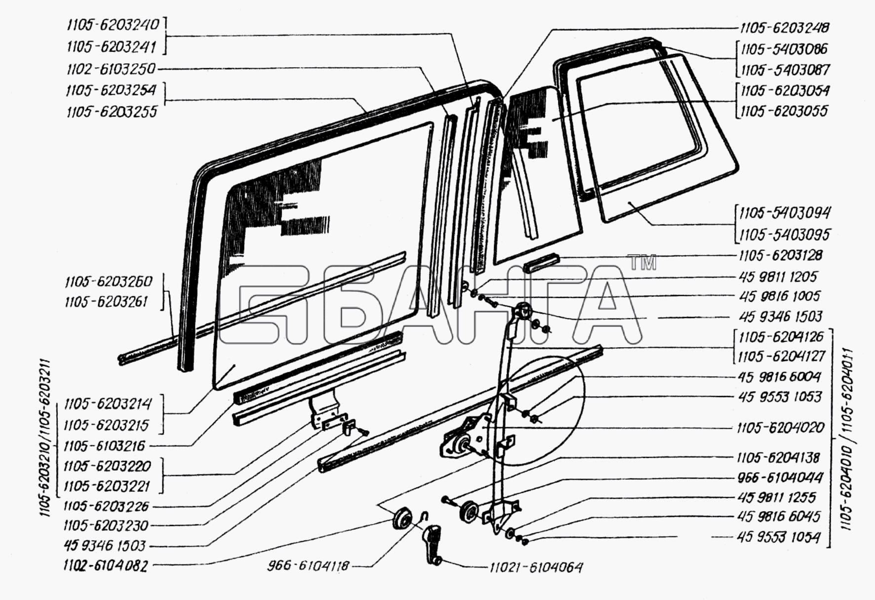 ЗАЗ ЗАЗ 1102 (Таврия) Схема Стекла задней двери стекло боковины и