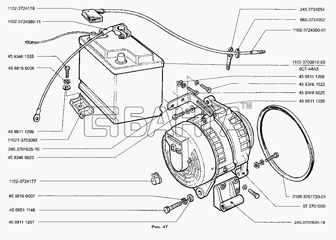 ЗАЗ ЗАЗ-1105 (Дана) Схема Аккумуляторная батарея и генератор-106